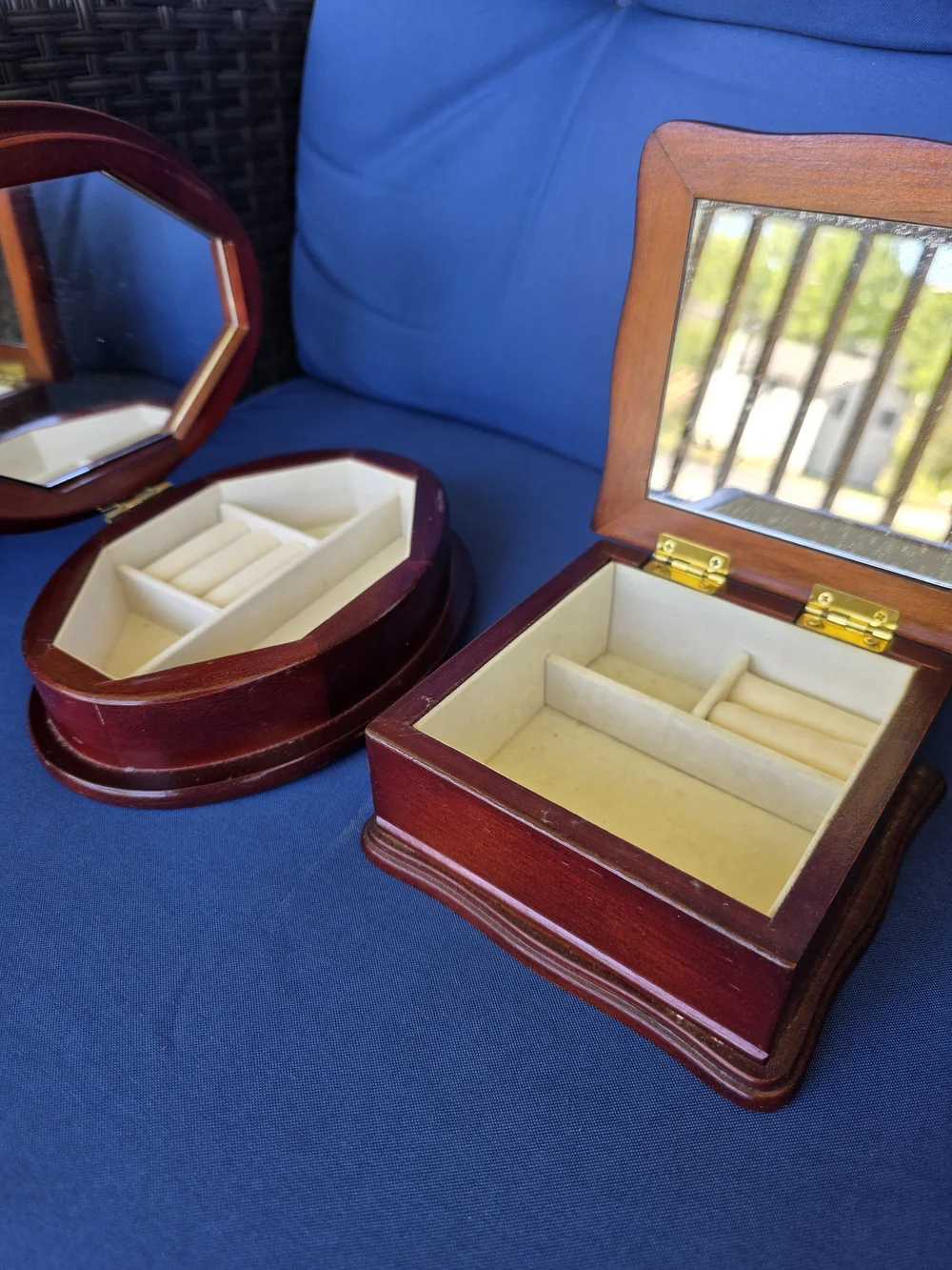 Vintage Floral Embroidered Wooden Jewelry 2 Box Set  Velvet Lined Needlepoint